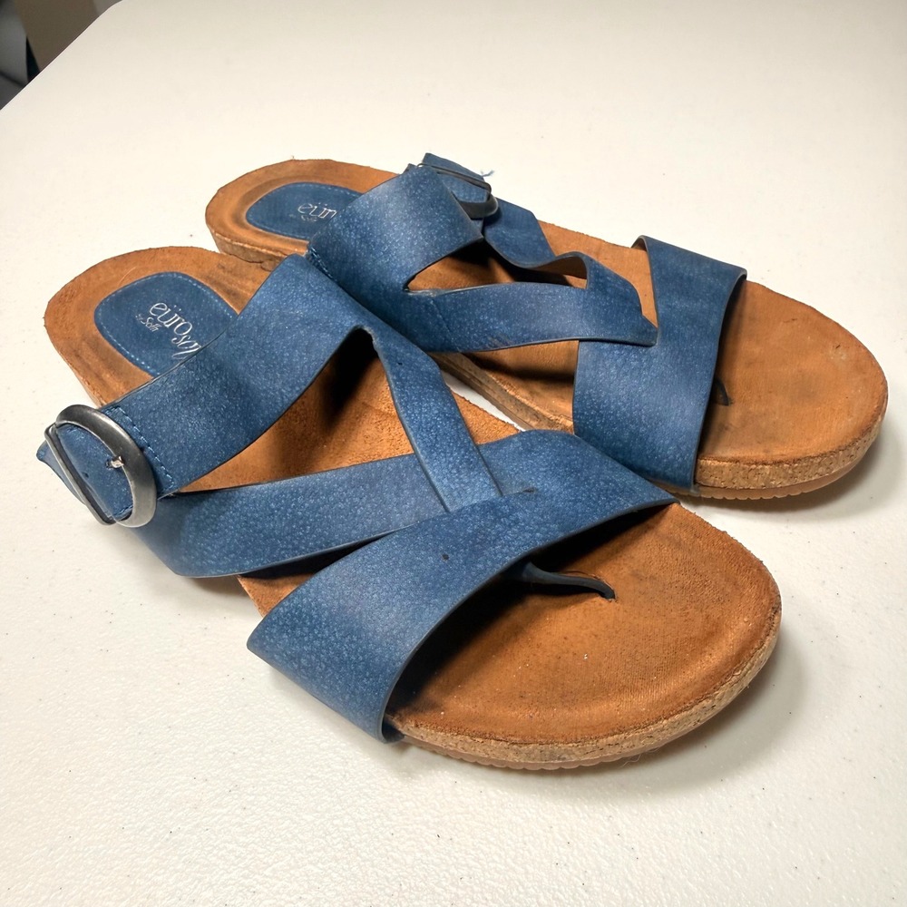 EuroSoft by Sofft Gladis Blue Strappy Cork Wedge Thong Sandals Womens 10M